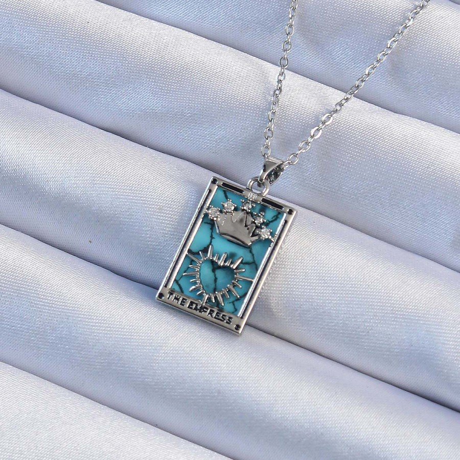 316L Steel Chain Silver Color Zircon Stone Blue Marble Pattern Crown Model Tarot Necklace 316L Steel Chain Silver Color Zircon Stone Blue Marble Pattern Crown Model Tarot Necklace