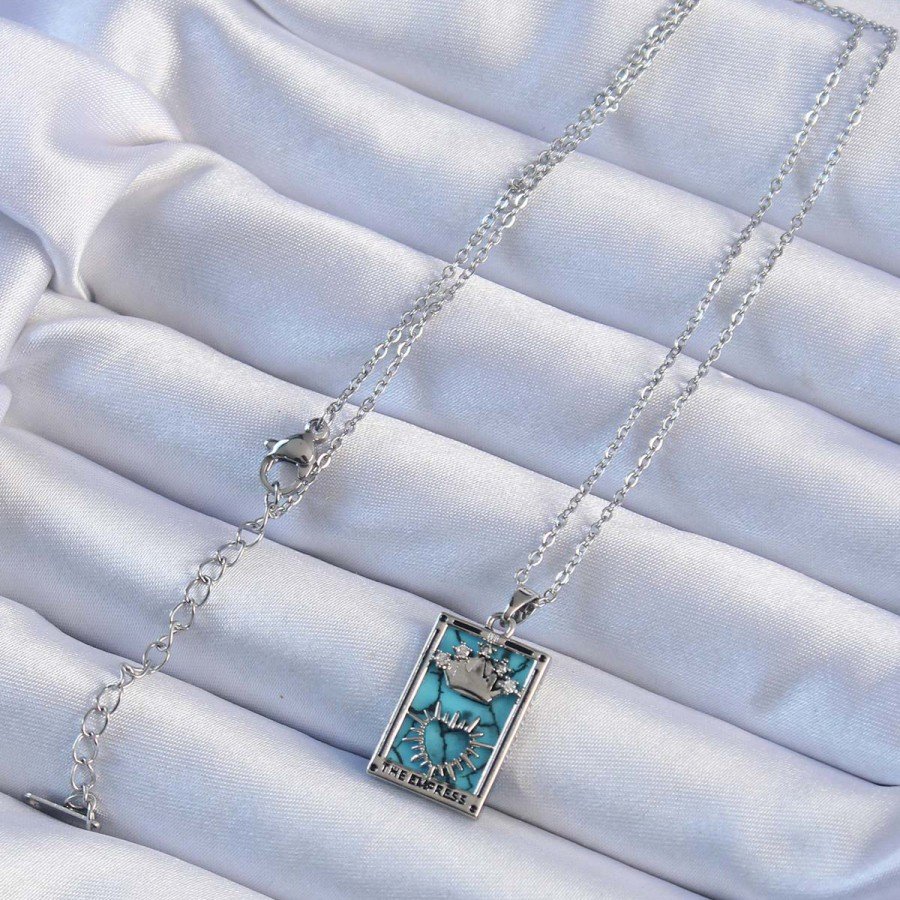 316L Steel Chain Silver Color Zircon Stone Blue Marble Pattern Crown Model Tarot Necklace 316L Steel Chain Silver Color Zircon Stone Blue Marble Pattern Crown Model Tarot Necklace