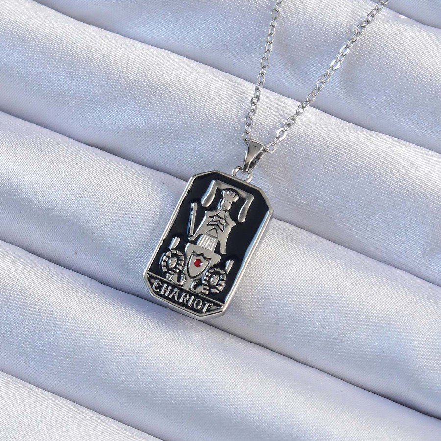 316L Steel Chain Silver Color Black Enamel Tarot Necklace