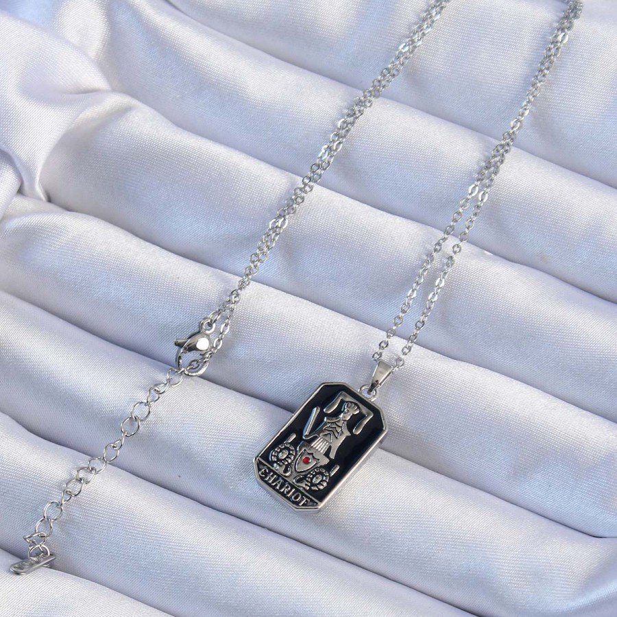 316L Steel Chain Silver Color Black Enamel Tarot Necklace