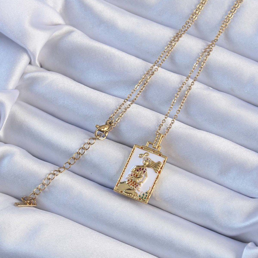 316L Steel Chain Gold Color White Enamel Tarot Necklace