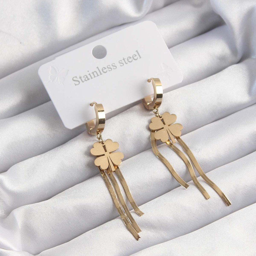 316L Steel Gold Color Italian Chain Clover Model Hoop Earrings