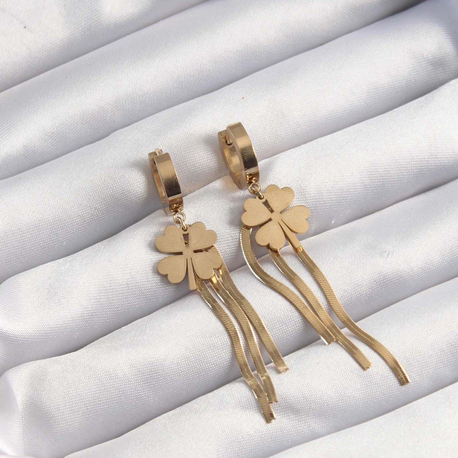 316L Steel Gold Color Italian Chain Clover Model Hoop Earrings