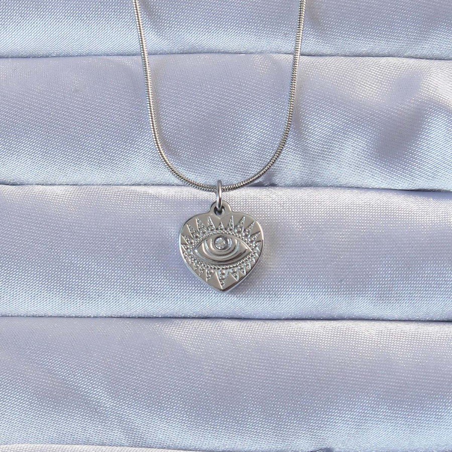 316L Silver Color Zircon Stone Embroidered Eye Detail Heart Necklace