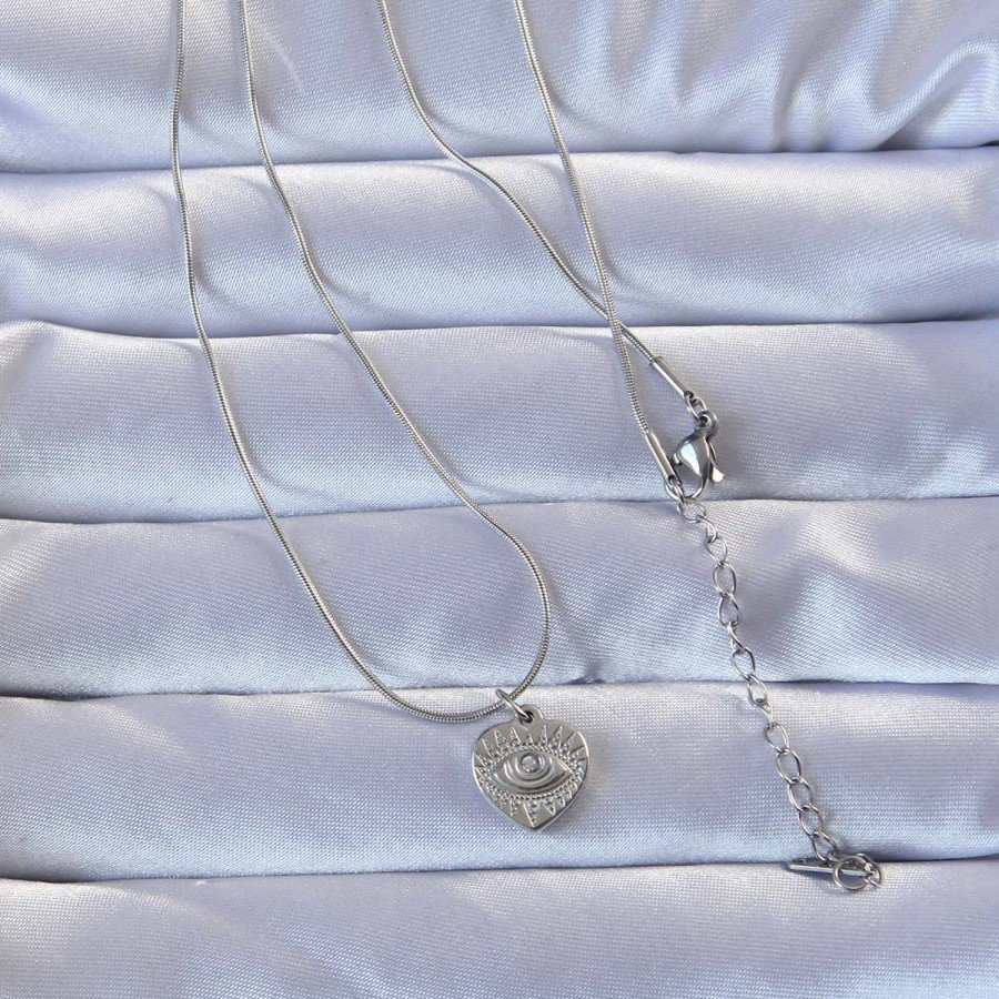 316L Silver Color Zircon Stone Embroidered Eye Detail Heart Necklace