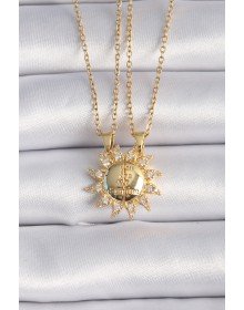 316L Steel Gold Color Zircon Stone Sun Model Engraved Writing Detail Friend Necklace