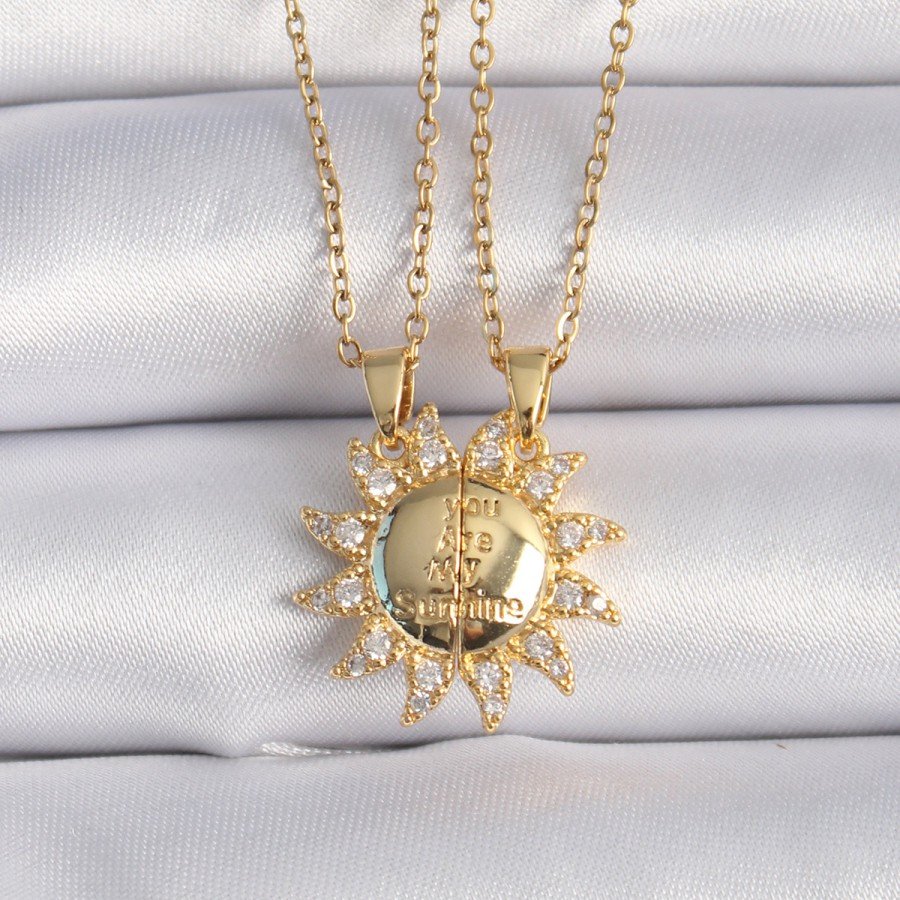 316L Steel Gold Color Zircon Stone Sun Model Engraved Writing Detail Friend Necklace