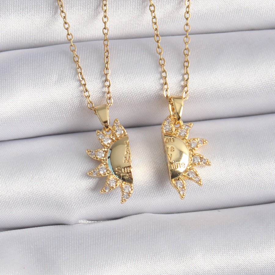 316L Steel Gold Color Zircon Stone Sun Model Engraved Writing Detail Friend Necklace