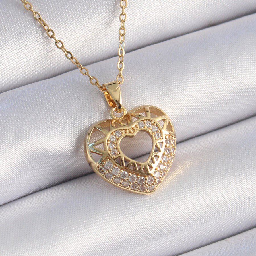 316L Steel Gold Color Zircon Stone Heart Model Vintage Women s Necklace