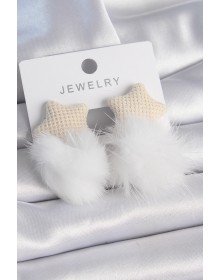 White Color Feathered Star Pompom Model Women's Earrings