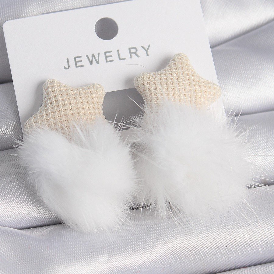 White Color Feathered Star Pompom Model Women s Earrings