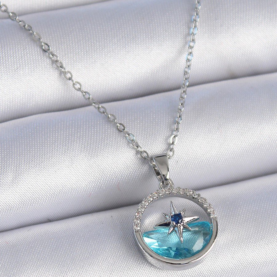 316L Steel Chain Silver Color Zircon Stone Sea View Pole Star Necklace 316L Steel Chain Silver Color Zircon Stone Sea View Pole Star Necklace