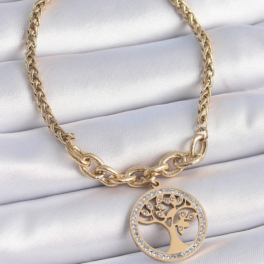 316L Steel Gold Color Zircon Stone Tree of Life Figure Women s Bracelet