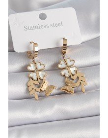 316L Steel Gold Color White Pearlescent Clover Glitter Butterfly Figure Women's Earrings