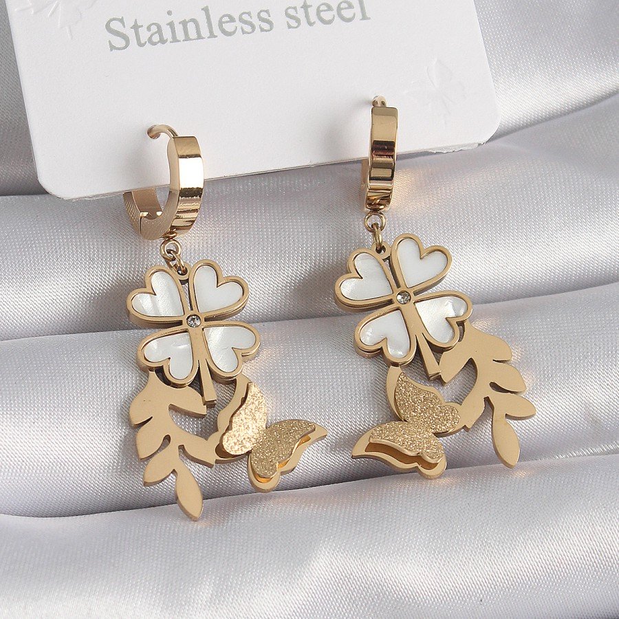 316L Steel Gold Color White Pearlescent Clover Glitter Butterfly Figure Women s Earrings