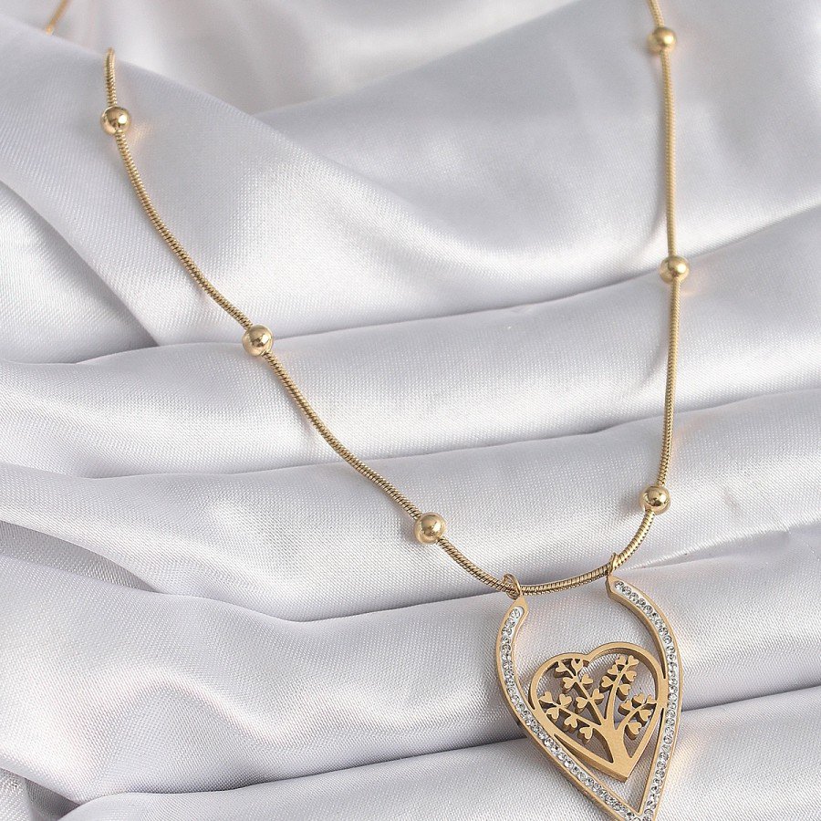 316L Steel Gold Color Zircon Stone Detailed Heart Sapling Model Women s Necklace