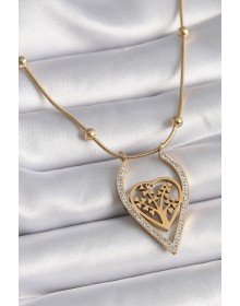 316L Steel Gold Color Zircon Stone Detailed Heart Sapling Model Women's Necklace