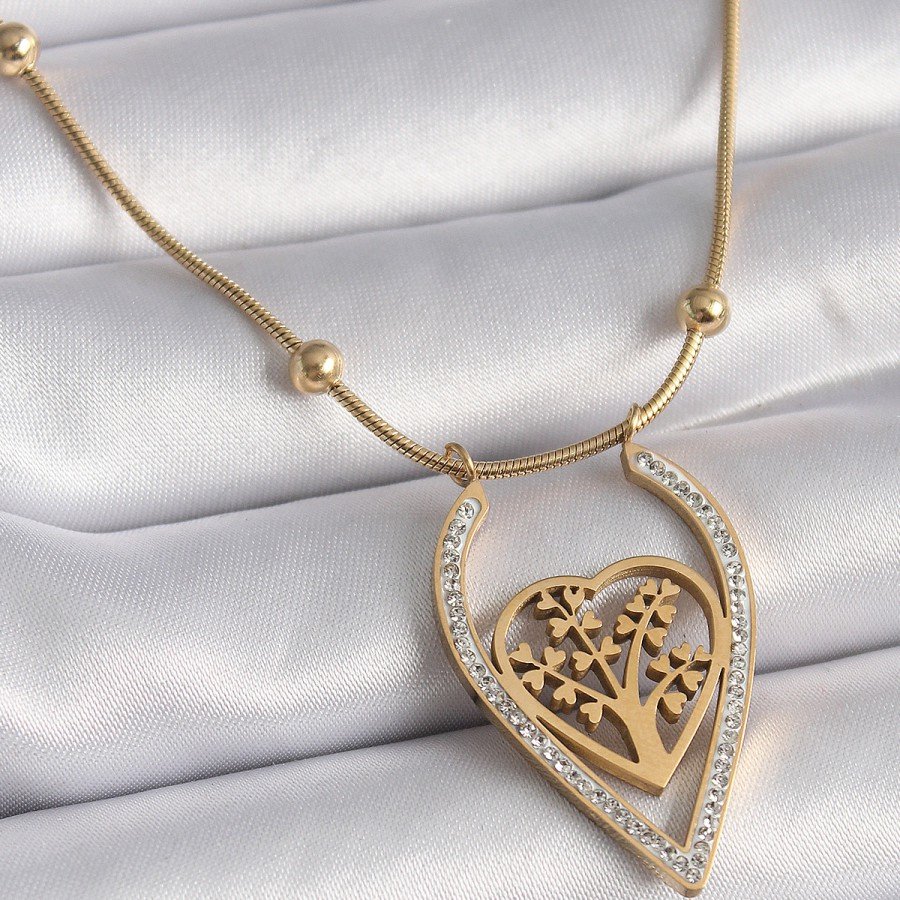 316L Steel Gold Color Zircon Stone Detailed Heart Sapling Model Women s Necklace