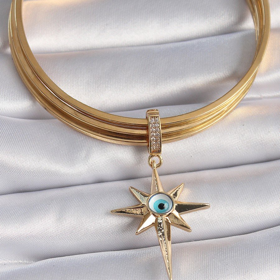 Brass Gold Color Zircon Stone Polar Star Evil Eye Bead Detail Ajda Charm