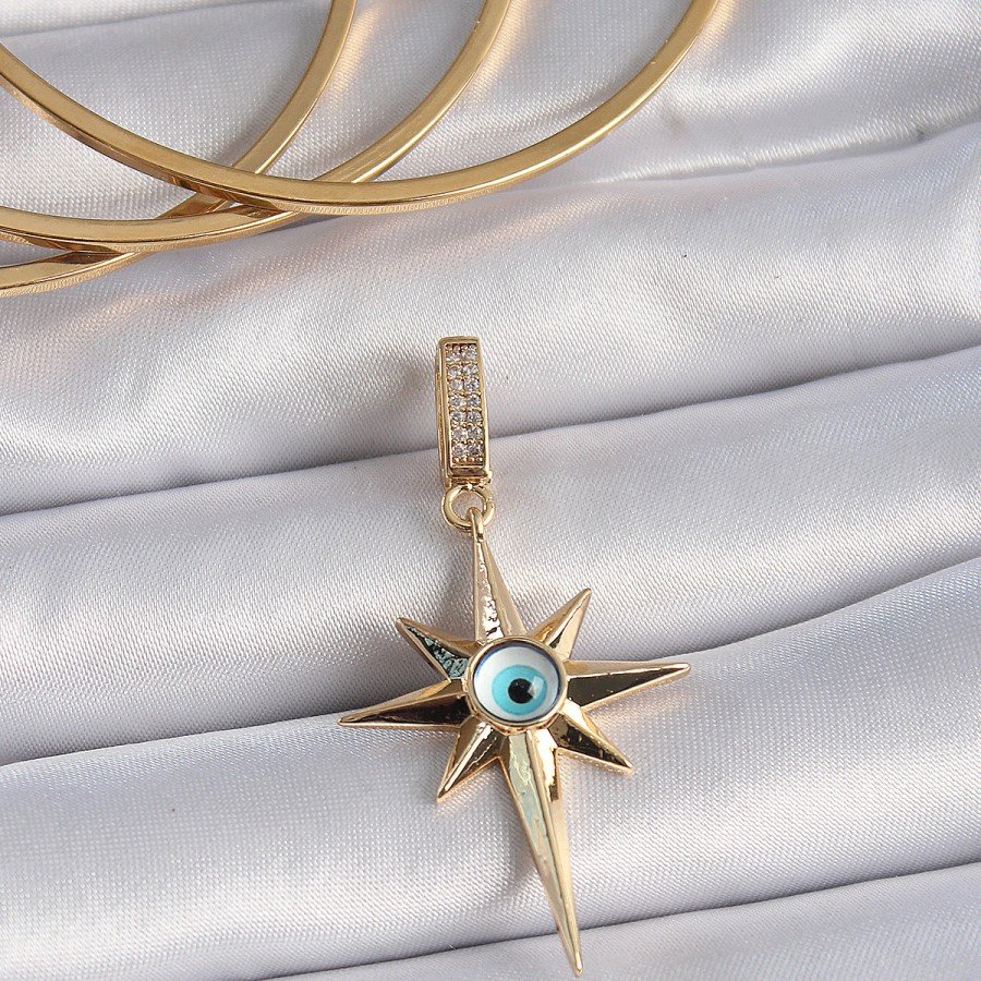 Brass Gold Color Zircon Stone Polar Star Evil Eye Bead Detail Ajda Charm