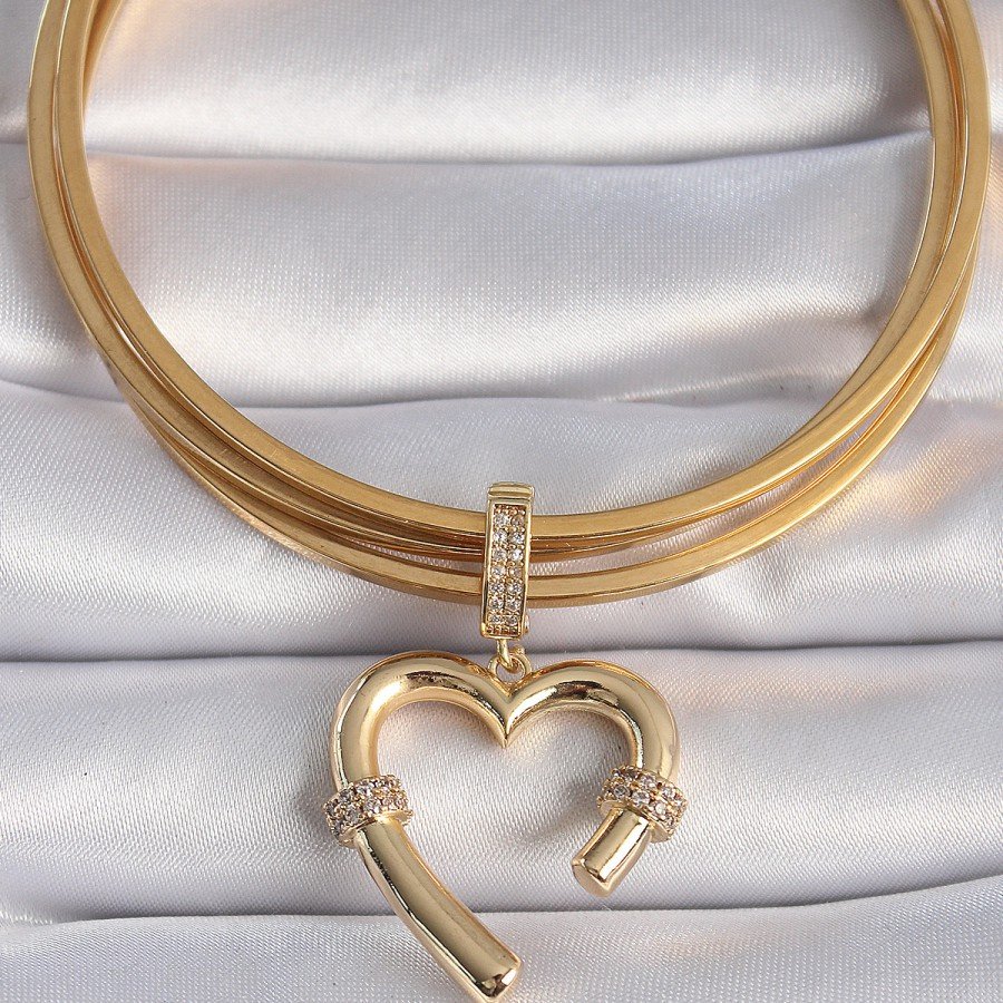 Brass Gold Color Zircon Stone Detailed Heart Figure Ajda Charm