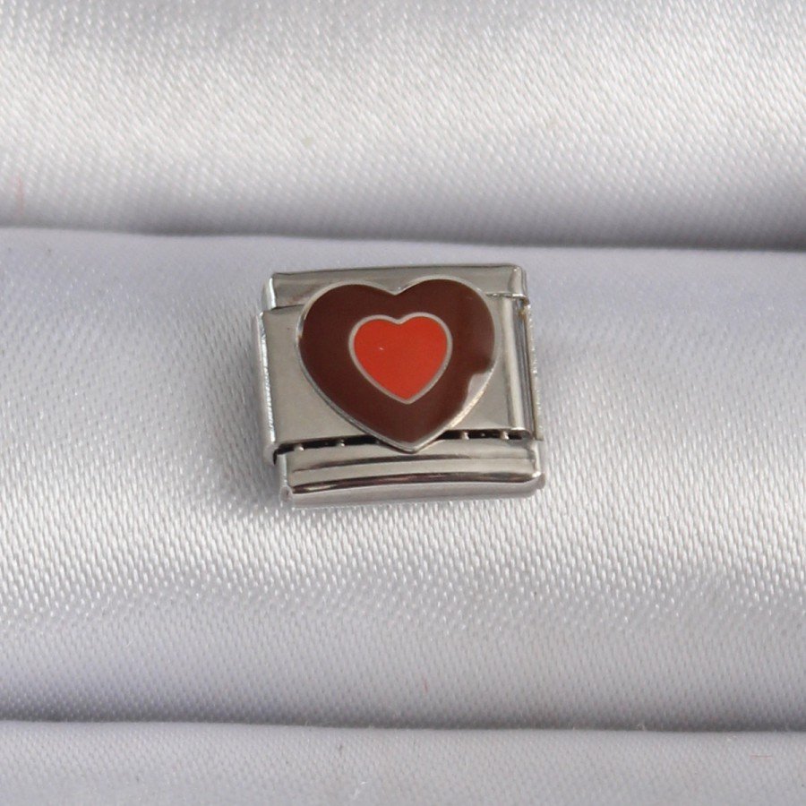 316L Steel Silver Color Brown Heart Embroidered Nomination Charm