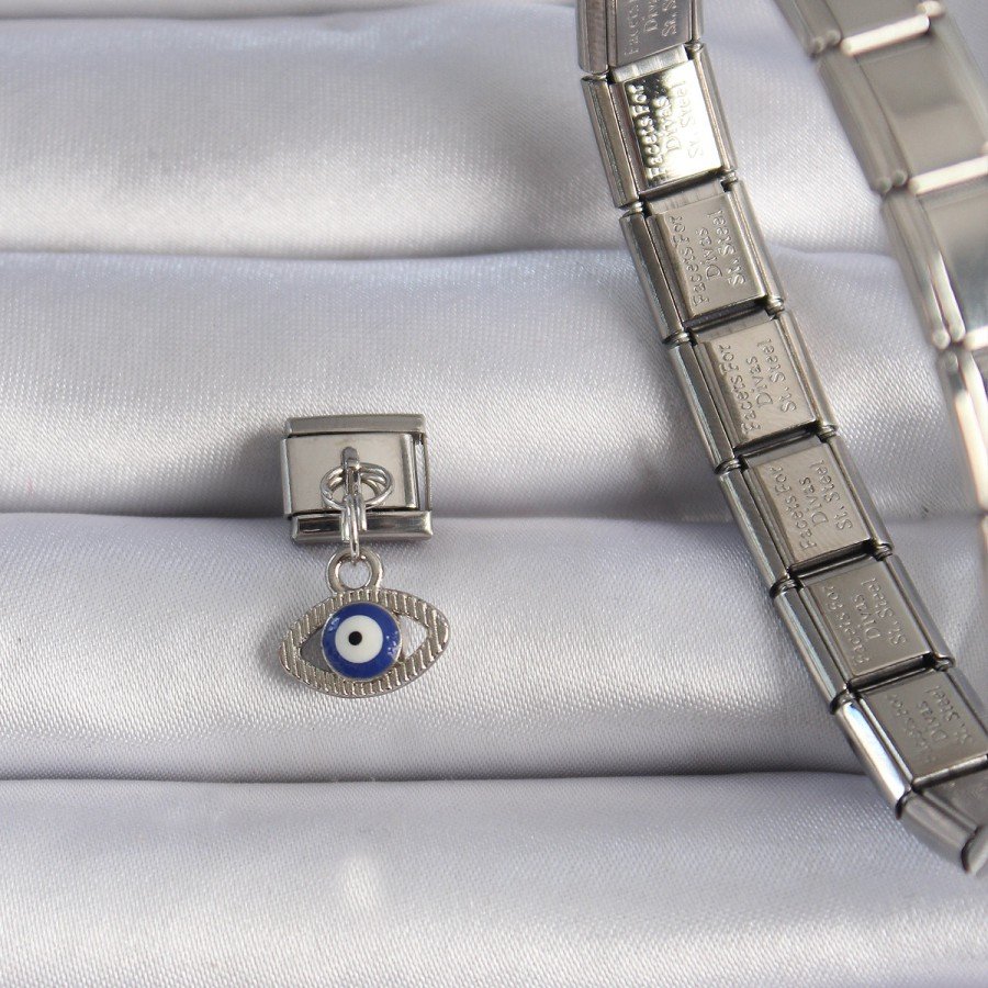 316L Steel Silver Color Dangle Eye Figure Evil Eye Bead Detail Nomination Charm 316L Steel Silver Color Dangle Eye Figure Evil Eye Bead Detail Nomination Charm