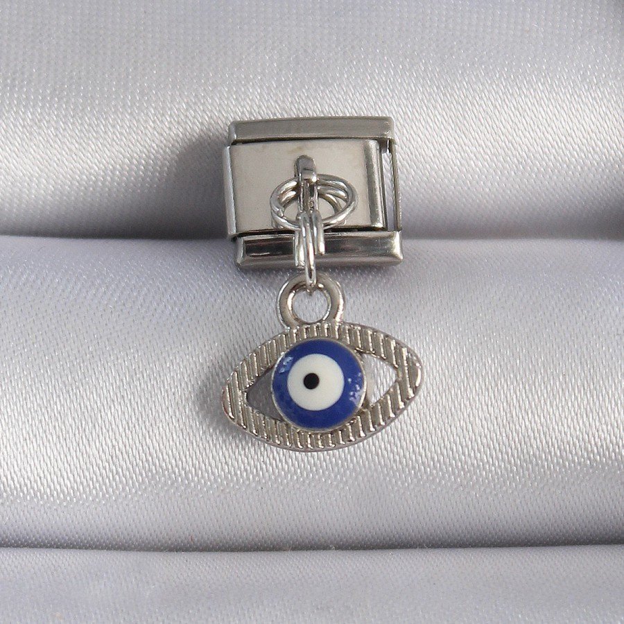 316L Steel Silver Color Dangle Eye Figure Evil Eye Bead Detail Nomination Charm 316L Steel Silver Color Dangle Eye Figure Evil Eye Bead Detail Nomination Charm