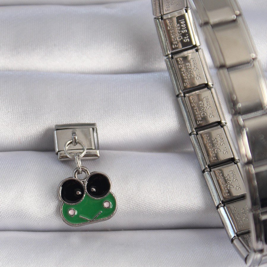 316L Steel Silver Color Hanging Green Frog Figure Nomination Charm