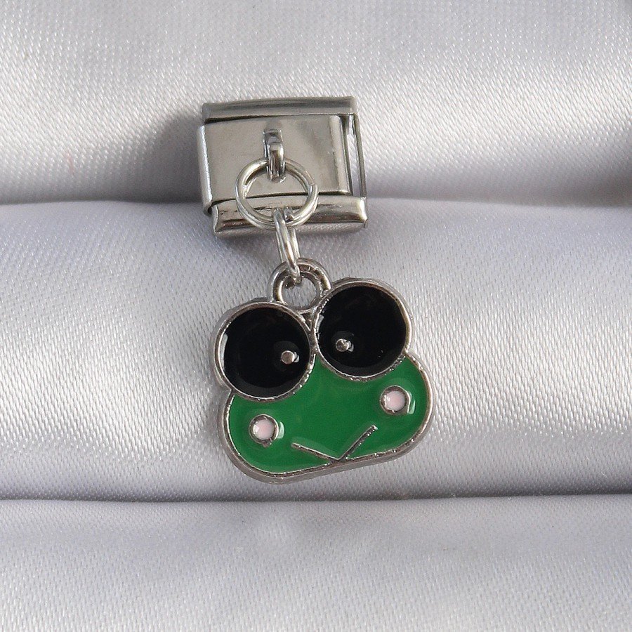 316L Steel Silver Color Hanging Green Frog Figure Nomination Charm