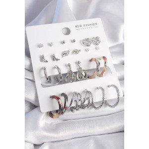 Brass Silver Color Zircon Stone Detailed 12 Pair Women's Earrings