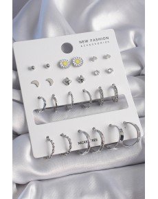 Brass Silver Color Daisy Detailed 12 Pair Women's Earring Set