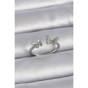 Brass Silver Color Adjustable Zircon Stone Butterfly Model Women's Ring