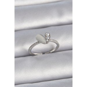 Brass Silver Color Adjustable Zircon Stone Pearl White Enamel Heart Model Women's Ring
