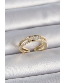Brass Gold Color Adjustable Row Pearled Zircon Stone Detailed Women's Ring