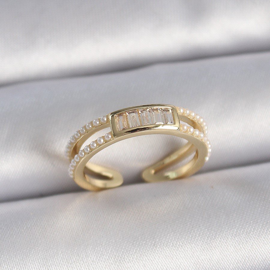 Brass Gold Color Adjustable Row Pearled Zircon Stone Detailed Women s Ring