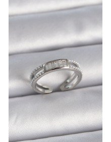 Brass Silver Color Adjustable Row Pearl and Zircon Stone Women's Ring