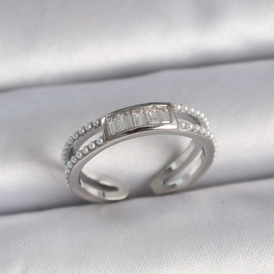 Brass Silver Color Adjustable Row Pearl and Zircon Stone Women s Ring