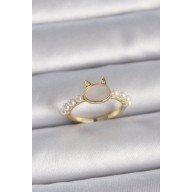 Brass Gold Color Adjustable White Enamel Cat Model Pearl Detail Women's Ring