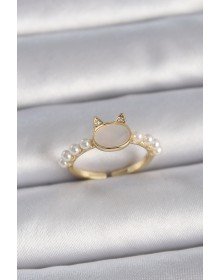 Brass Gold Color Adjustable White Enamel Cat Model Pearl Detail Women's Ring