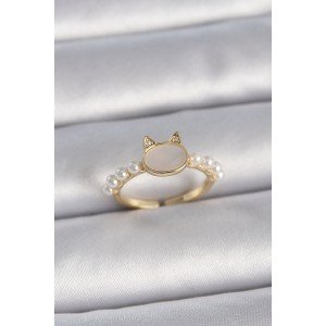 Brass Gold Color Adjustable White Enamel Cat Model Pearl Detail Women's Ring