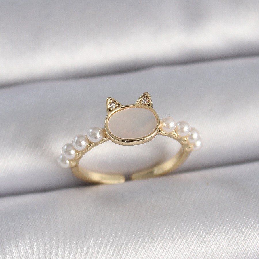 Brass Gold Color Adjustable White Enamel Cat Model Pearl Detail Women s Ring Brass Gold Color Adjustable White Enamel Cat Model Pearl Detail Women s Ring