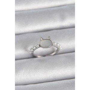 Brass Silver Color Adjustable White Enamel Cat Model Pearl Detail Women's Ring
