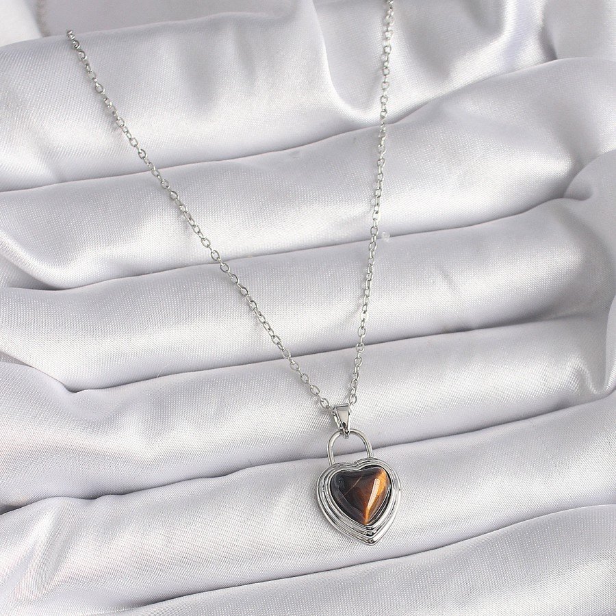 316L Steel Silver Color Chain Lock Heart Amber Bead Model Women s Necklace 316L Steel Silver Color Chain Lock Heart Amber Bead Model Women s Necklace