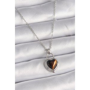316L Steel Silver Color Chain Lock Heart Amber Bead Model Women's Necklace