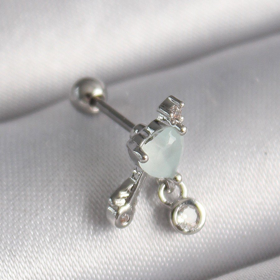 316L Steel Silver Color White Enamel Heart Dangle Zircon Stone Detail Tragus Piercing