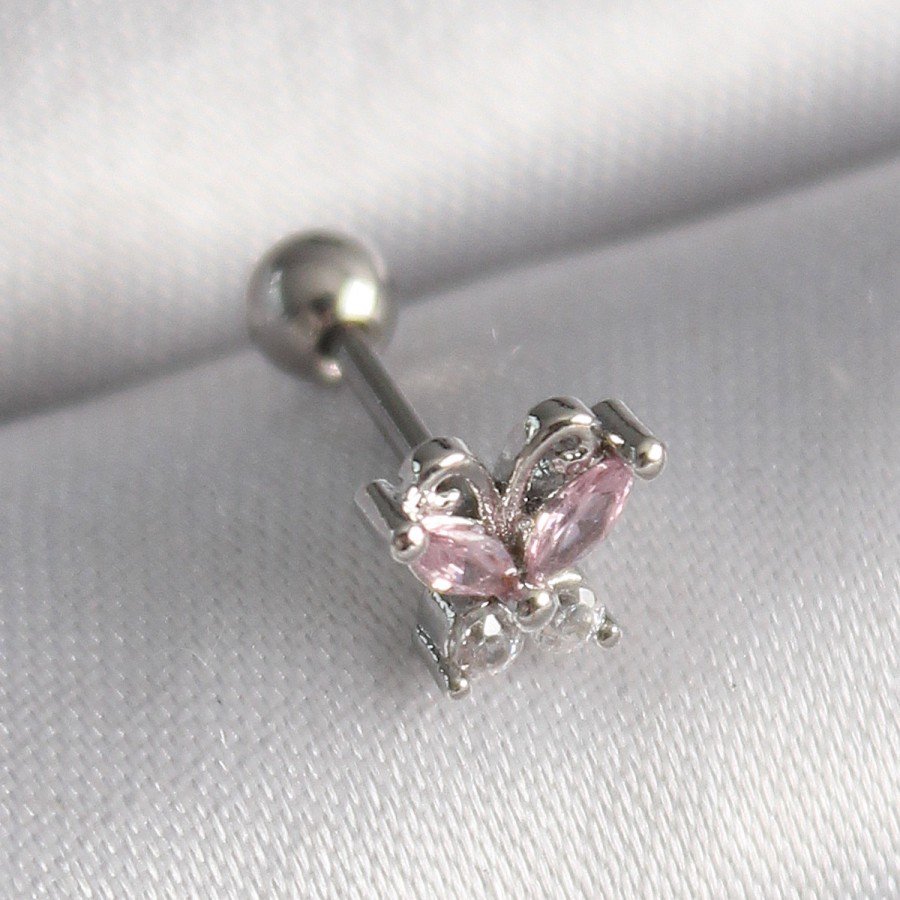 316L Steel Silver Color Pink Zircon Stone Butterfly Tragus Piercing