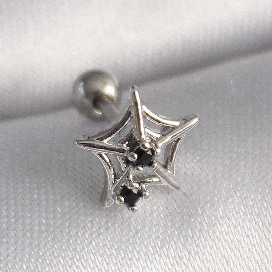 316L Steel Silver Color Black Zircon Stone Detail Spider Web Model Tragus Piercing 316L Steel Silver Color Black Zircon Stone Detail Spider Web Model Tragus Piercing