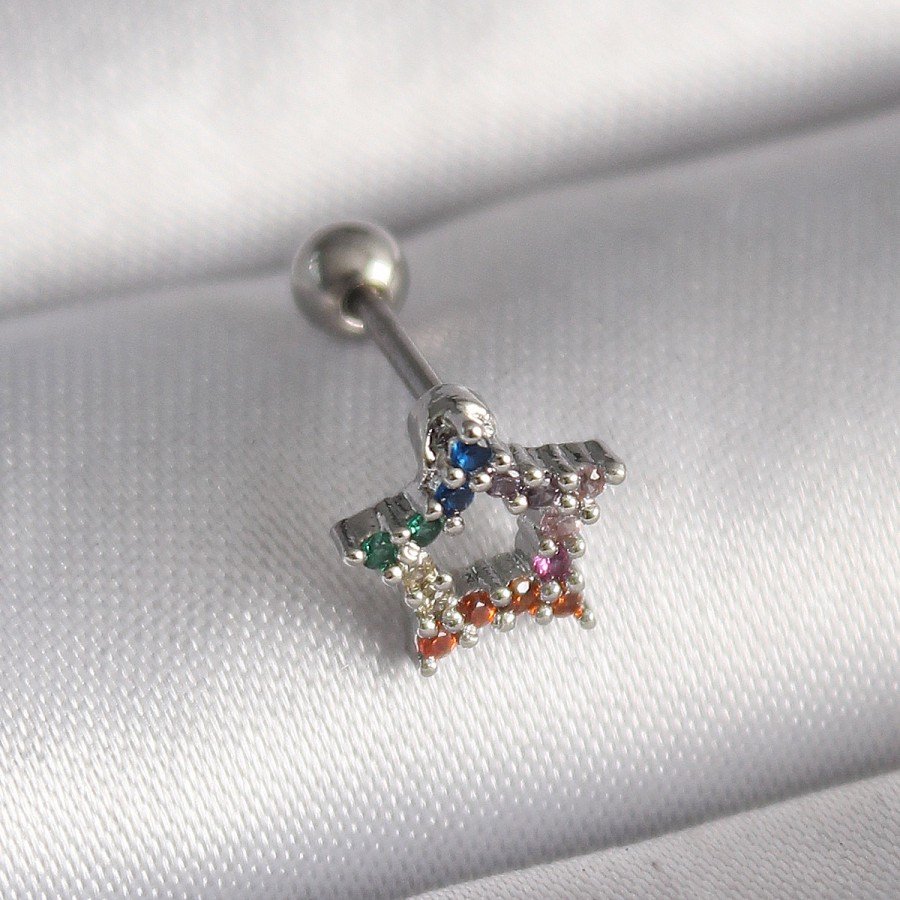 316L Steel Silver Color Star Model Tragus Piercing with Colorful Zircon Stone