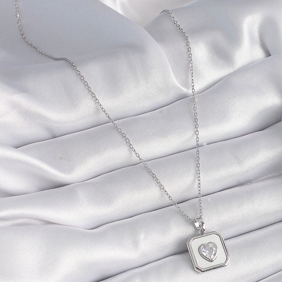 316L Steel Silver Color Square Locket Heart Zircon Stone Processing Women s Necklace